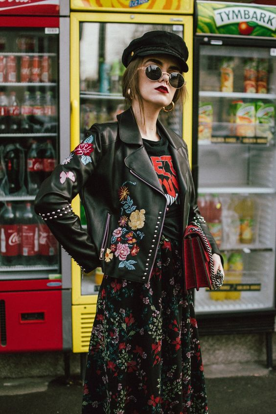 woman wearing custom embroidered black leather jacket
